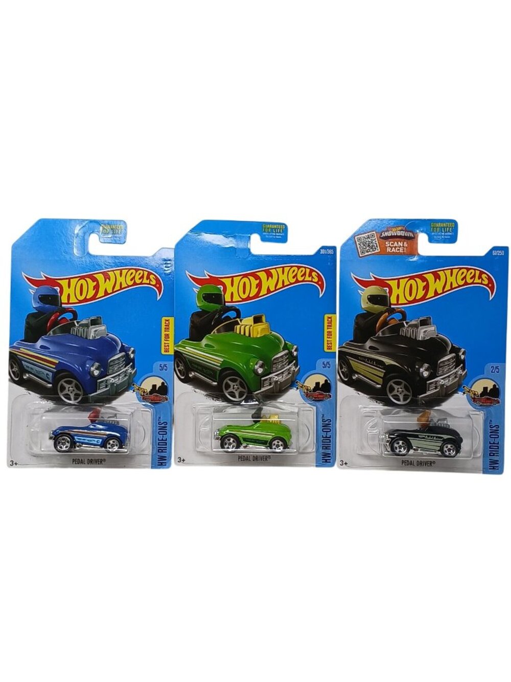3 Hot Wheels HW Ride-Ons Pedal Driver Blue Green Black Die-Cast Cars New #D-42
